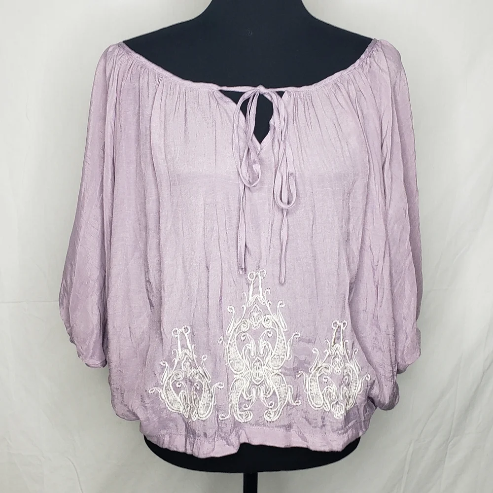 Gemstone Boat Neck Embroidered Lantern Long Sleeves Blouse Top Size M Bohemian